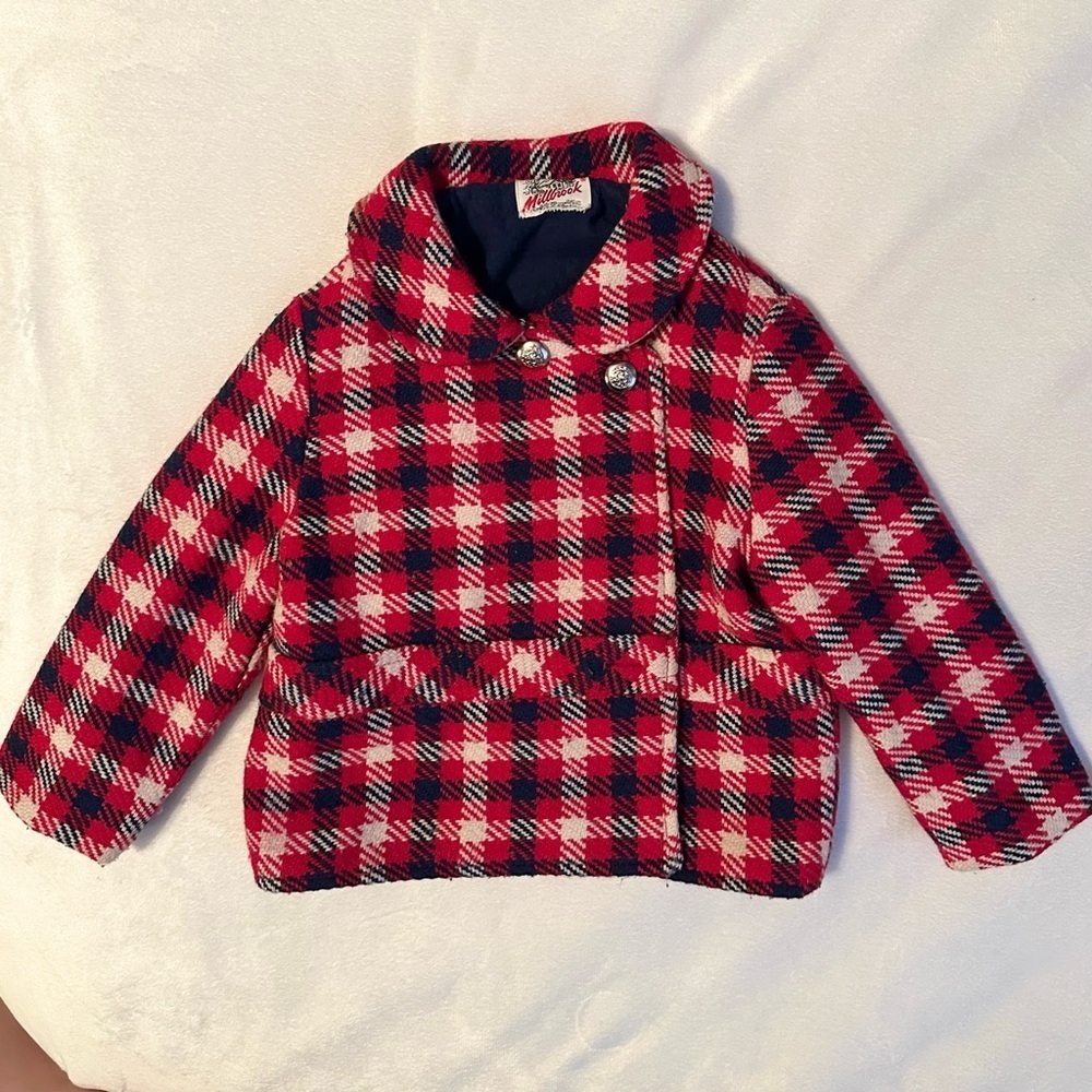 Vintage Millbrook Plaid Baby Coat 12M Red Ivory Navy Classic Prep Winter Jacket